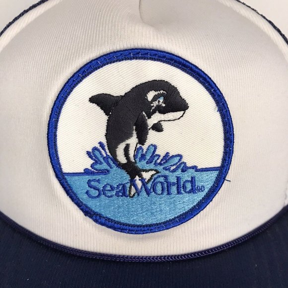 Vintage Seaworld Blue White Orca Killer Whale Patch Mesh Snapback Trucker Hat - Picture 2 of 9